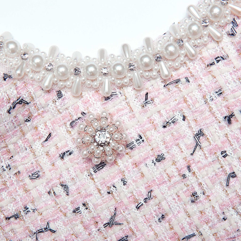 Flowering Girl Women Pink Boucle Pearl Mini Dress