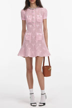 Pink Bow Crochet Crystal Trim Mini Dress