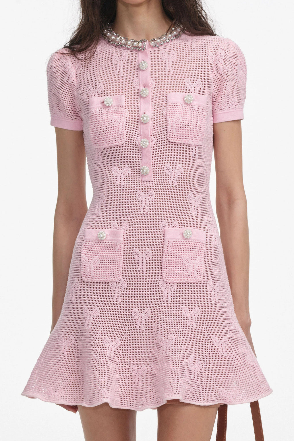 Pink Bow Crochet Crystal Trim Mini Dress