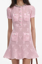 Pink Bow Crochet Crystal Trim Mini Dress