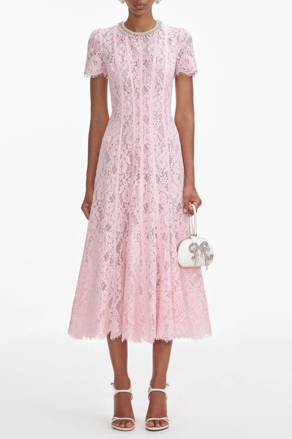Flowering Girl Women Pink Lace Embellished Midi Dress
