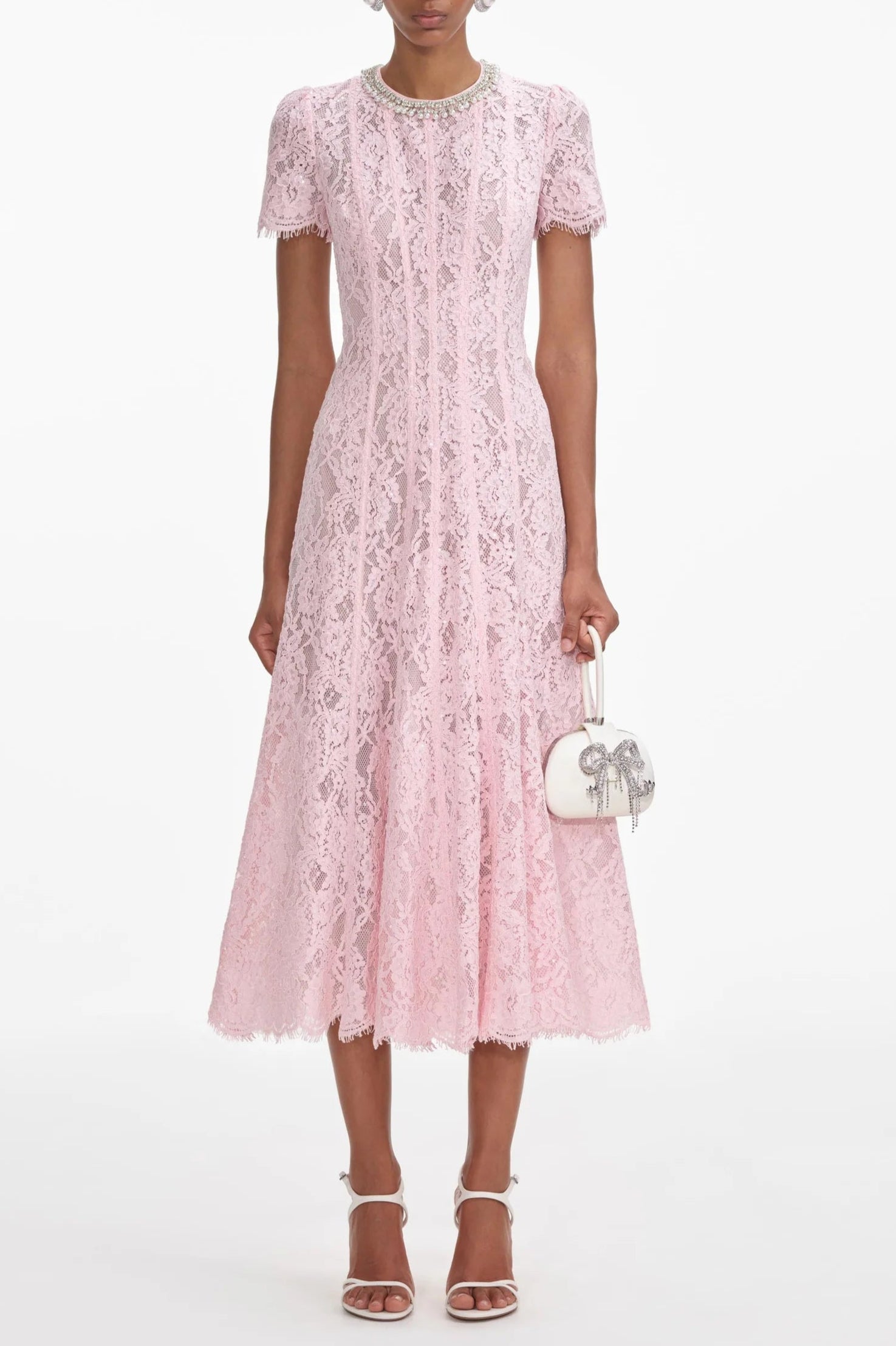 Flowering Girl Women Pink Lace Embellished Midi Dress