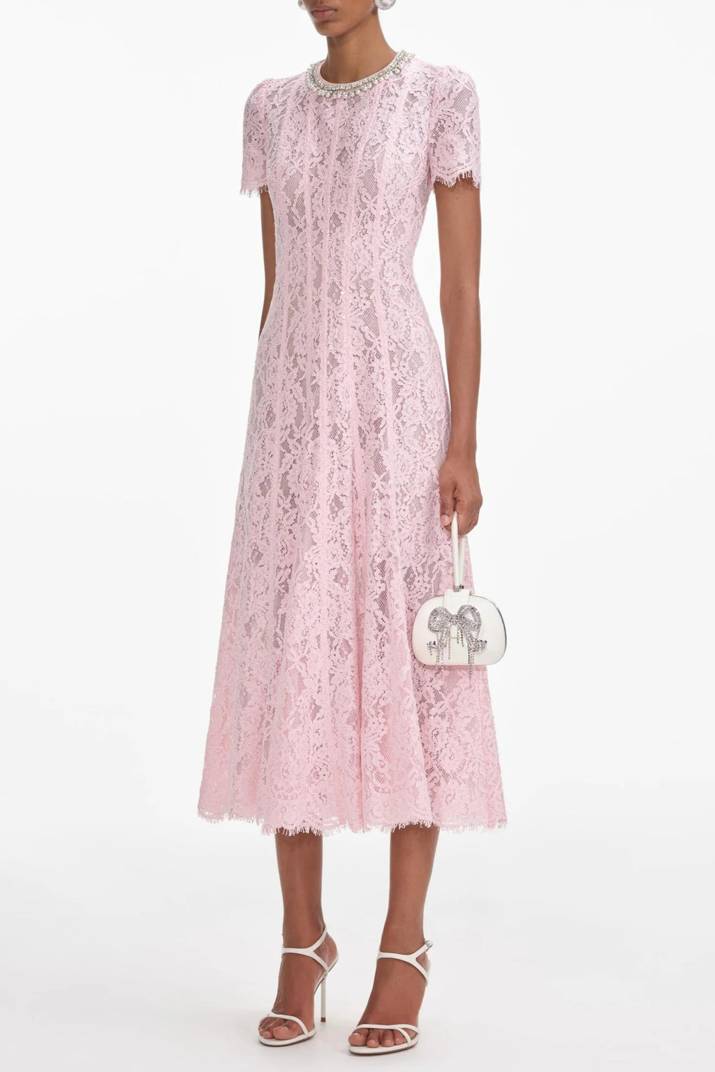 Flowering Girl Women Pink Lace Embellished Midi Dress