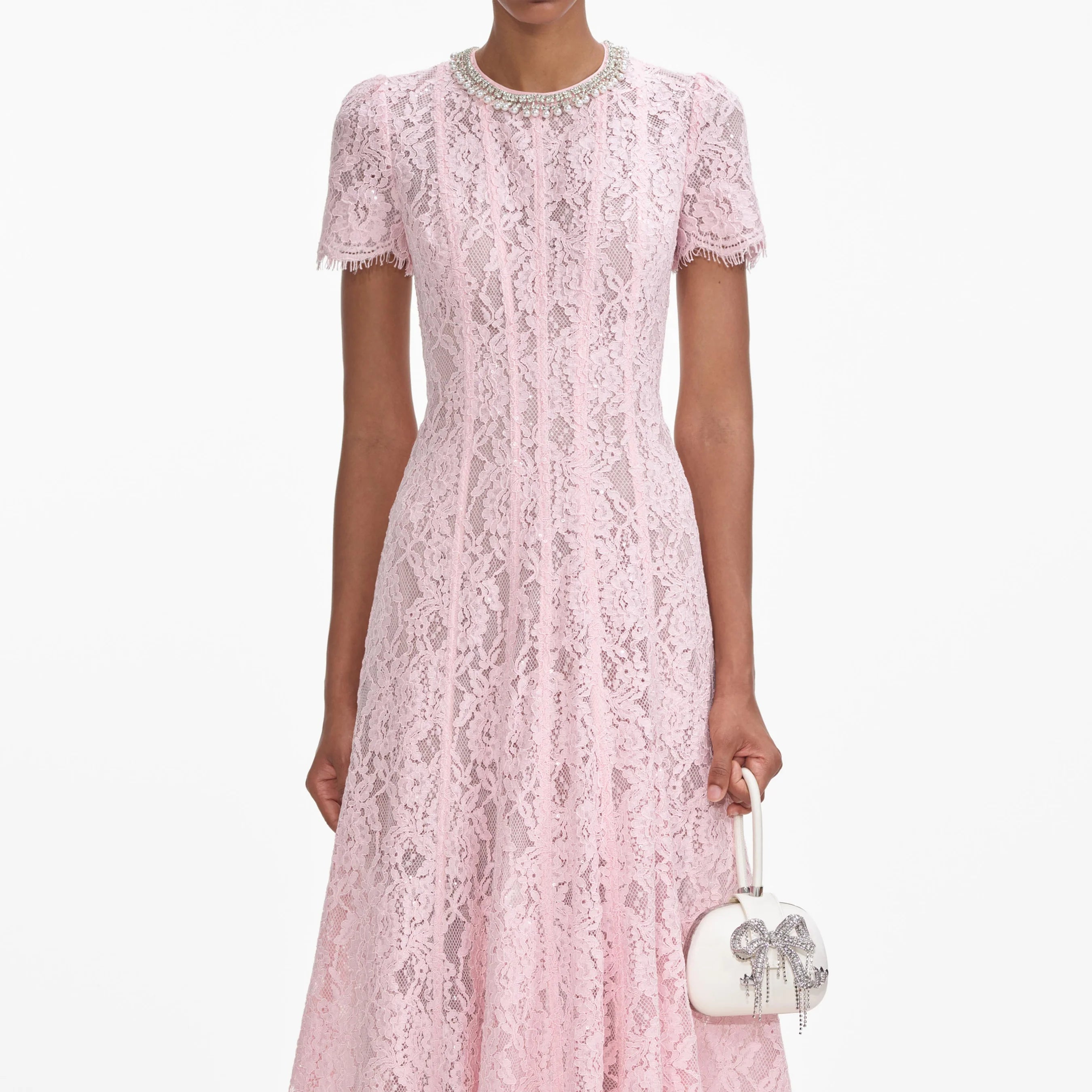 Flowering Girl Women Pink Lace Embellished Midi Dress