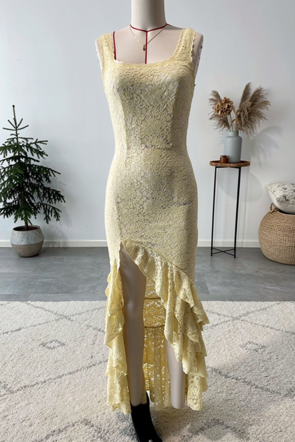 Irregular ruffled lace patchwork high slit slip maxi dress - yellow