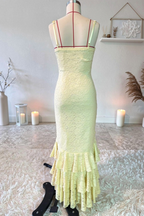 Irregular ruffled lace patchwork high slit slip maxi dress - yellow
