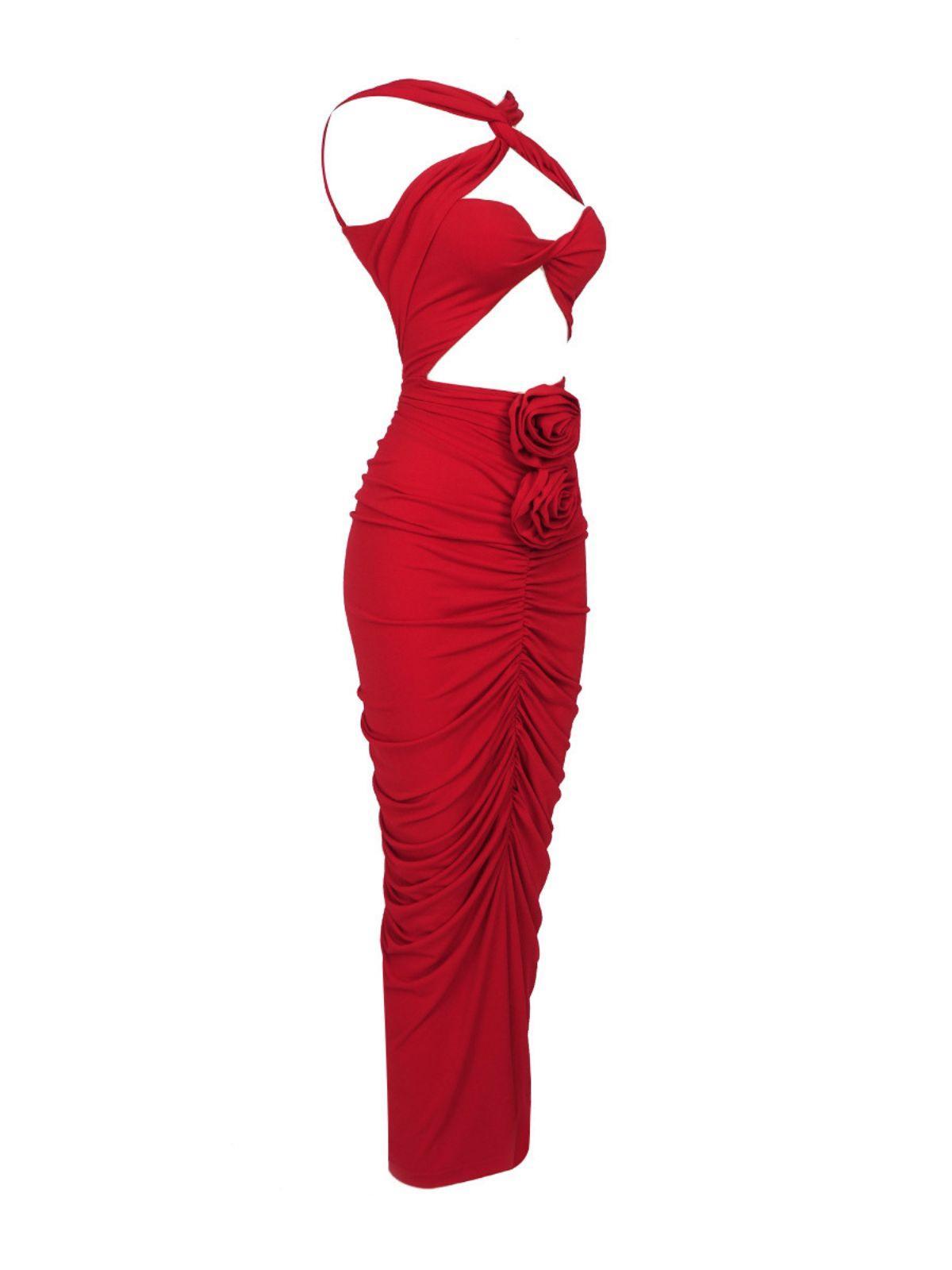 Flowering Girl Women Pomeline Rose Bodycon Maxi Dress In Red