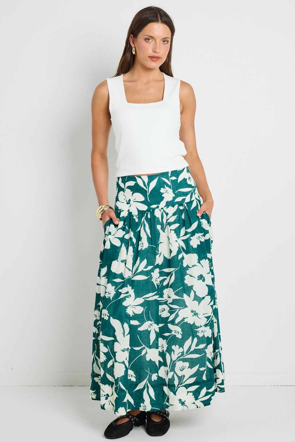 Flowering Girl Women Affinity Forest Floral Shirred Back Tiered Maxi Skirt