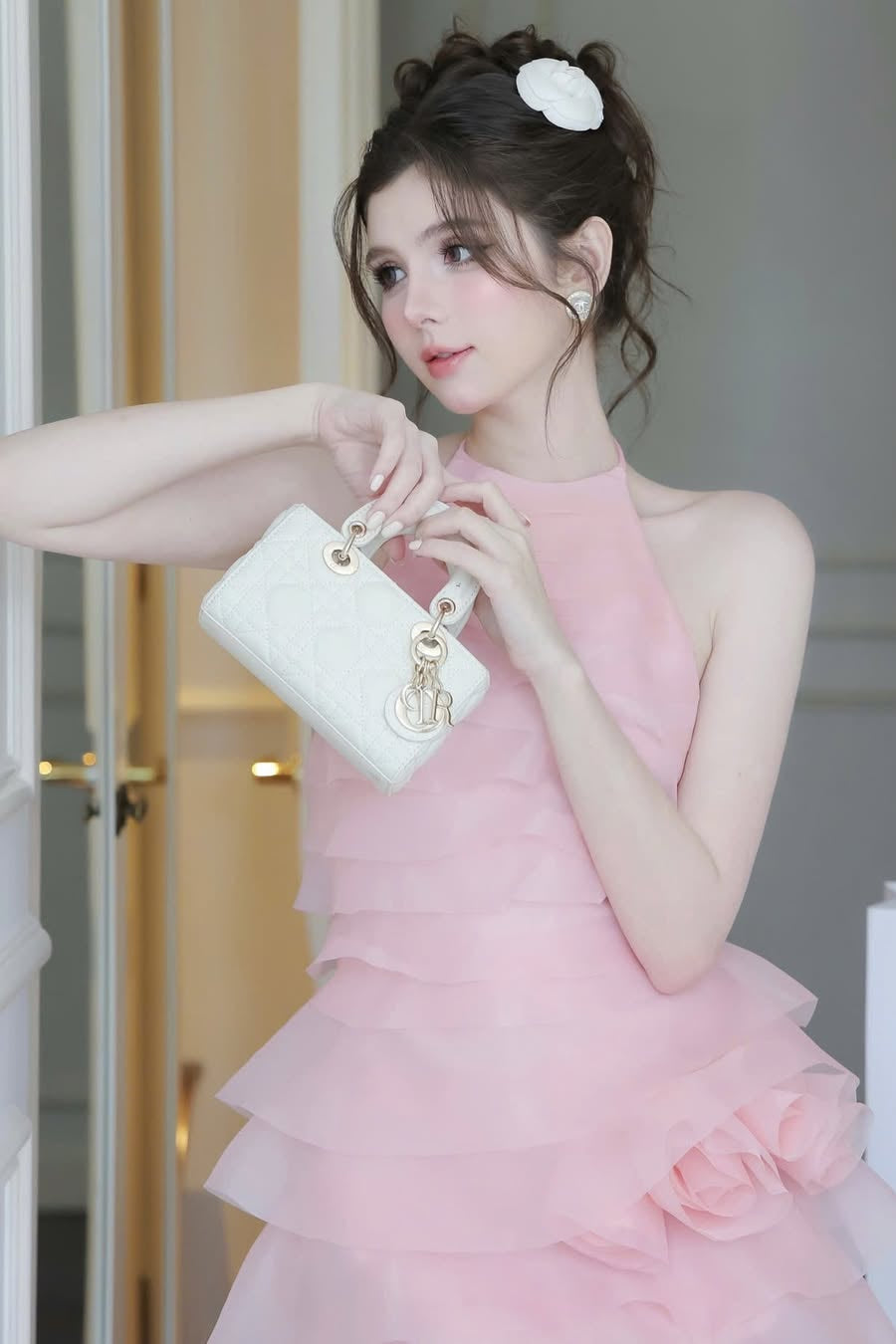 Flowering Girl Women 3d Flower Halter Ruffle Layer Mini Dress In Pink