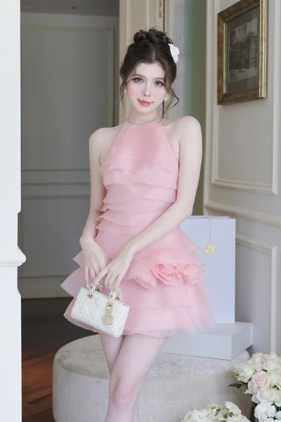 Flowering Girl Women 3d Flower Halter Ruffle Layer Mini Dress In Pink