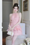 Flowering Girl Women 3d Flower Halter Ruffle Layer Mini Dress In Pink