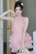 Flowering Girl Women 3d Flower Halter Ruffle Layer Mini Dress In Pink