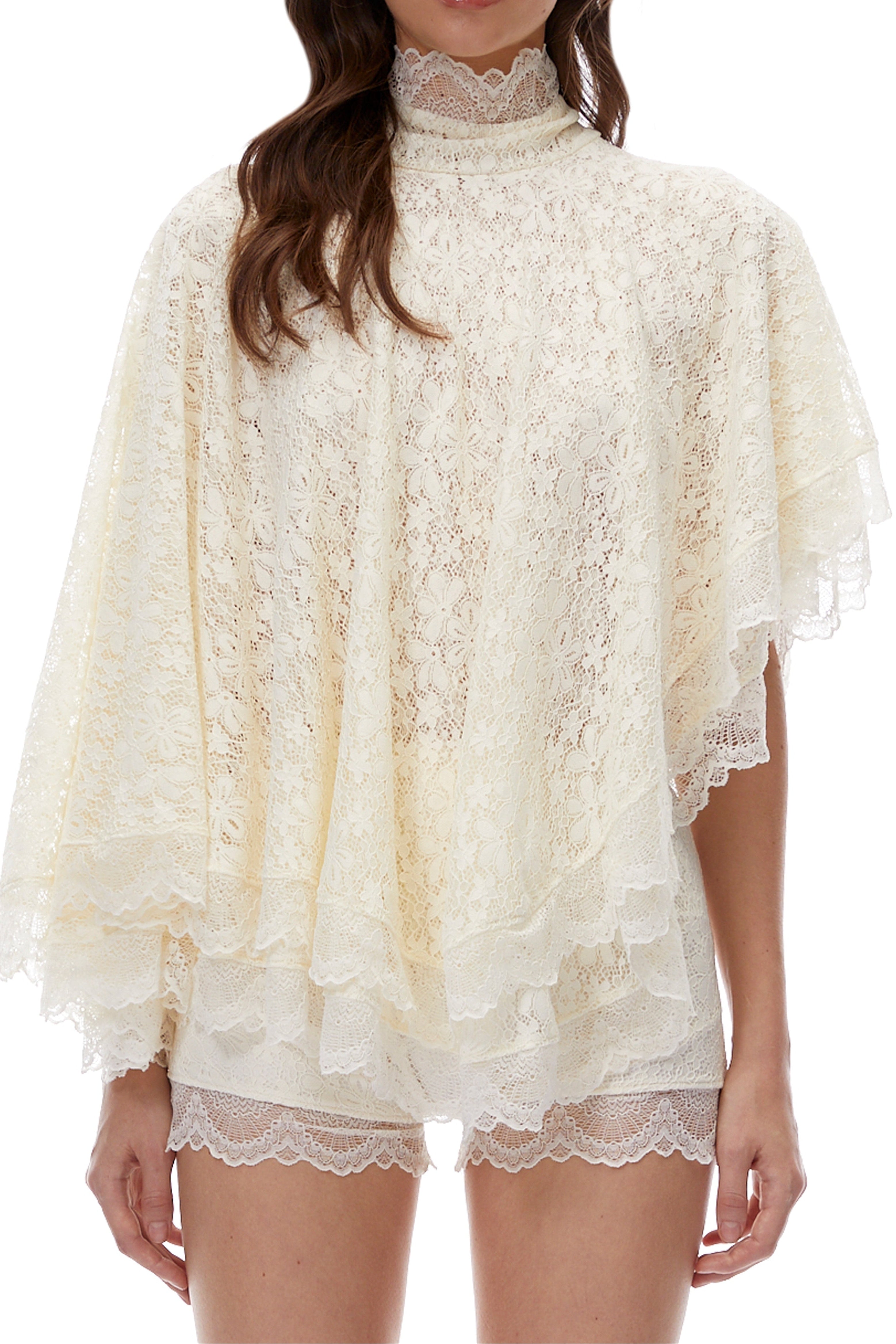 Flowering Girl Women Cream Lace High Neck Tiered Ruffle Cape Blouse & Lace Shorts Two-Piece Set