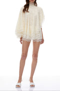 Flowering Girl Women Cream Lace High Neck Tiered Ruffle Cape Blouse & Lace Shorts Two-Piece Set