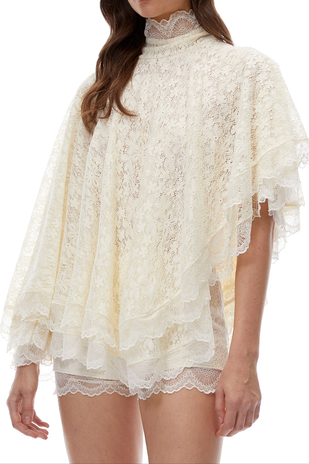 Flowering Girl Women Cream Lace High Neck Tiered Ruffle Cape Blouse & Lace Shorts Two-Piece Set