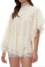 Flowering Girl Women Cream Lace High Neck Tiered Ruffle Cape Blouse & Lace Shorts Two-Piece Set