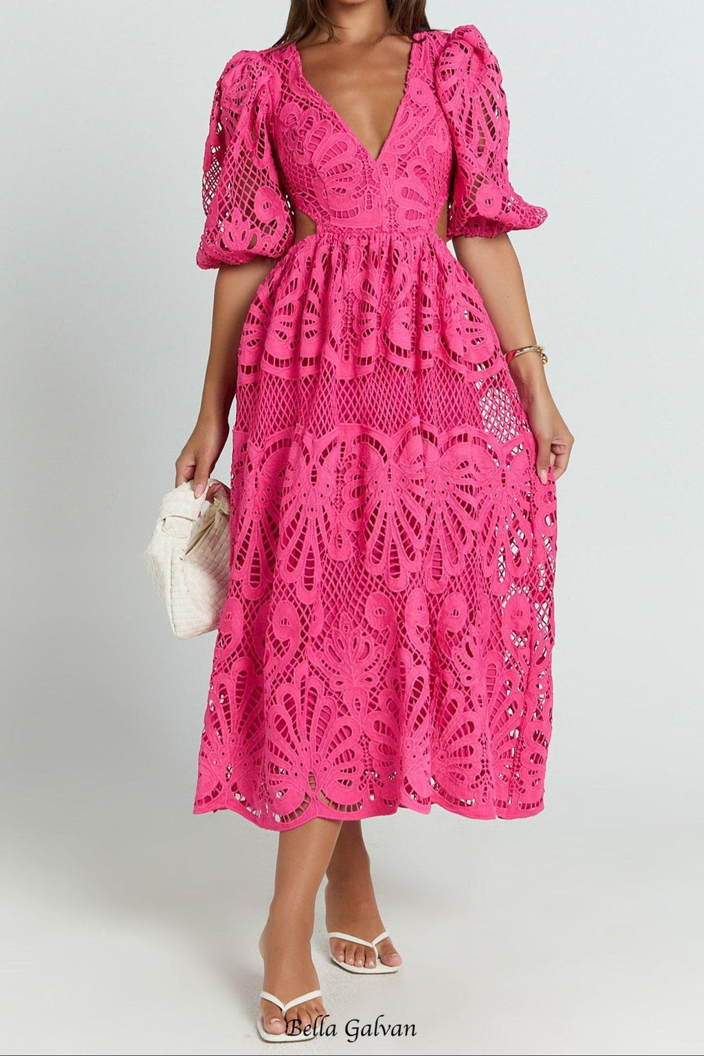 V Neck Cut Out Lace Midi Dress