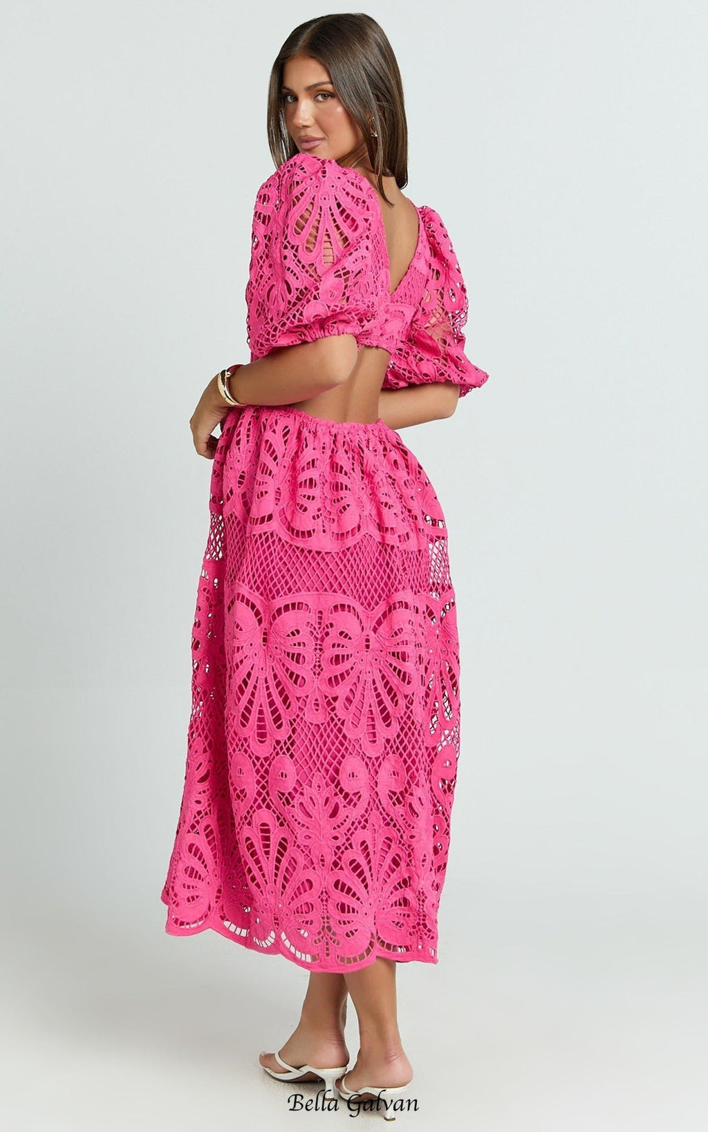 V Neck Cut Out Lace Midi Dress
