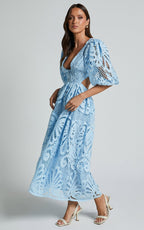V Neck Cut Out Lace Midi Dress