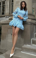 Long Puff Sleeve Lace Mini Dress