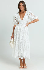 V Neck Cut Out Lace Midi Dress
