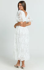 V Neck Cut Out Lace Midi Dress