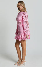 Long Puff Sleeve Lace Mini Dress