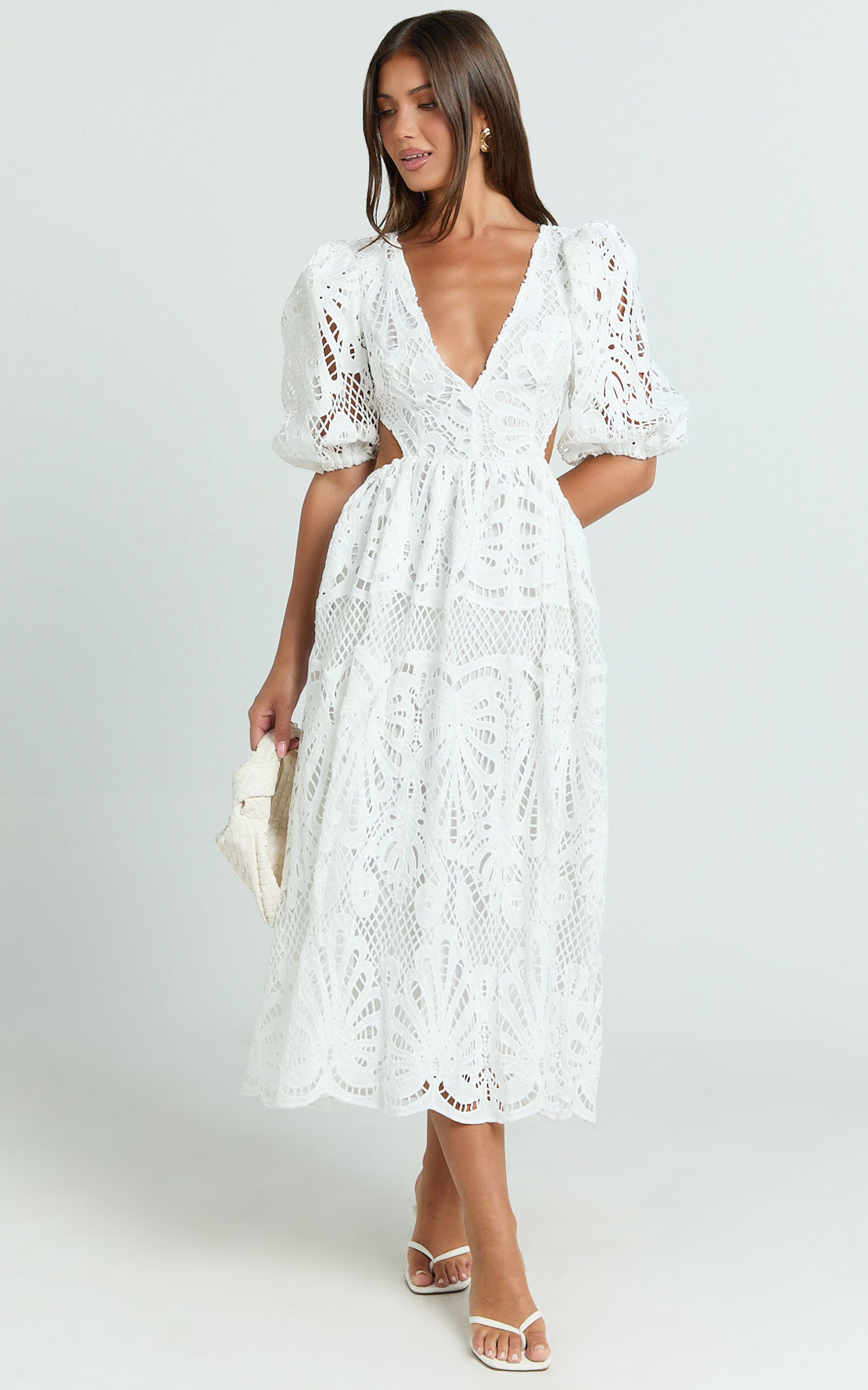 V Neck Cut Out Lace Midi Dress