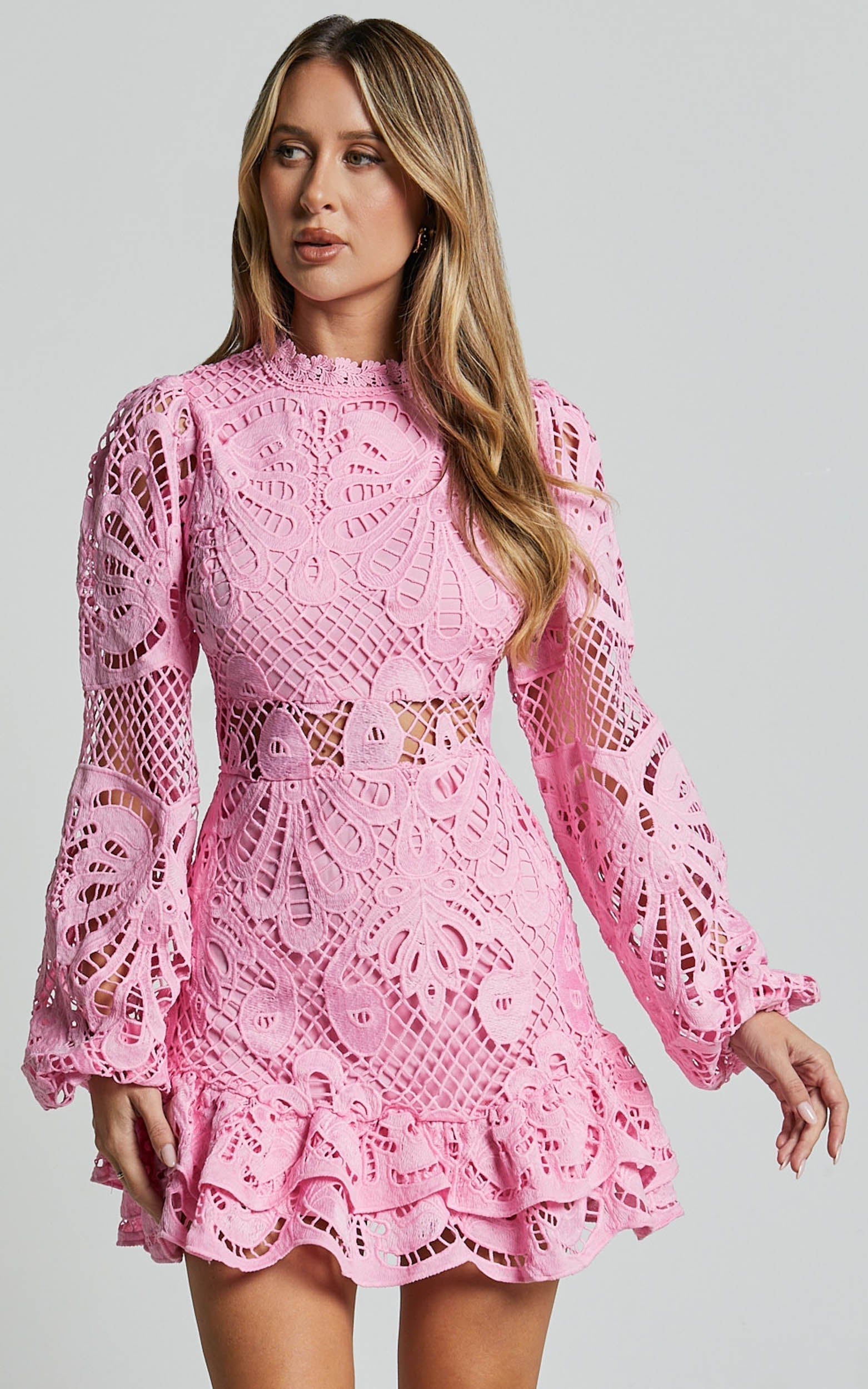 Flowering Girl Women Long Puff Sleeve Lace Mini Dress