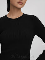 Flowering Girl Women knitted sheer flared mini dress in black