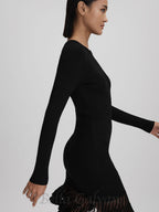 Flowering Girl Women knitted sheer flared mini dress in black