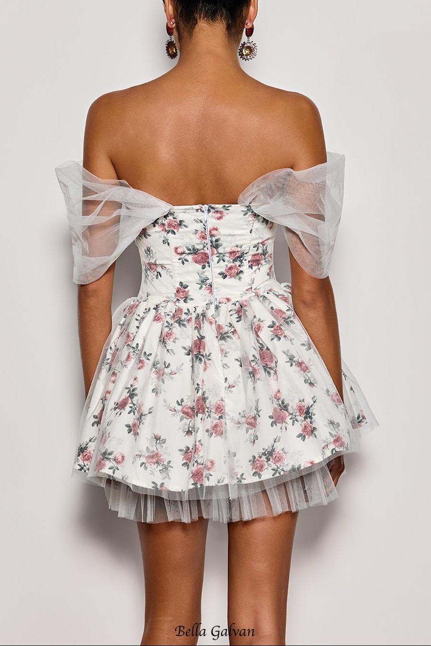 Quaris Off Shoulder Flower Tulle Mini Dress In White