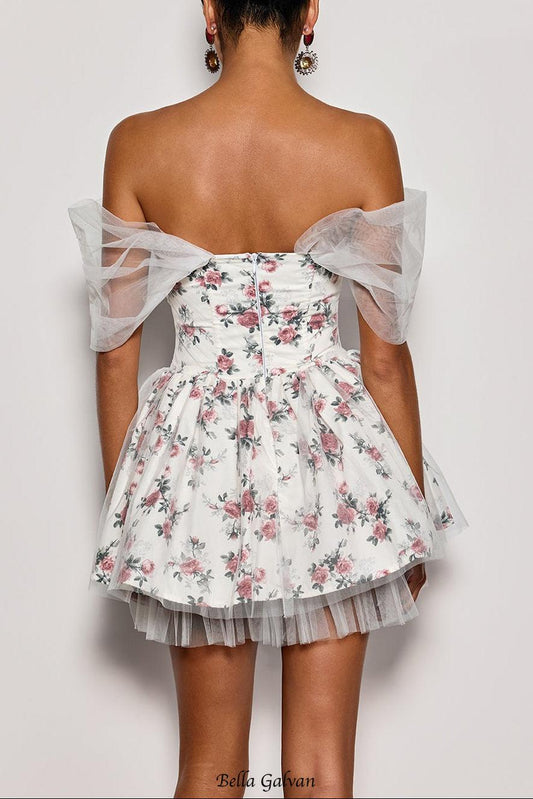 Quaris Off Shoulder Flower Tulle Mini Dress In White