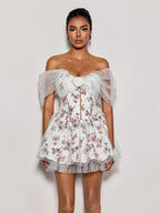 Quaris Off Shoulder Flower Tulle Mini Dress In White