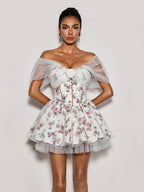 Quaris Off Shoulder Flower Tulle Mini Dress In White