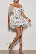 Quaris Off Shoulder Flower Tulle Mini Dress In White