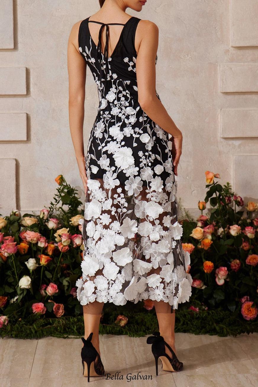 sarah V Neck Floral Embroidered Midi Dress in black