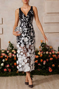 sarah V Neck Floral Embroidered Midi Dress in black