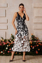 sarah V Neck Floral Embroidered Midi Dress in black