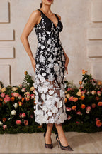 sarah V Neck Floral Embroidered Midi Dress in black