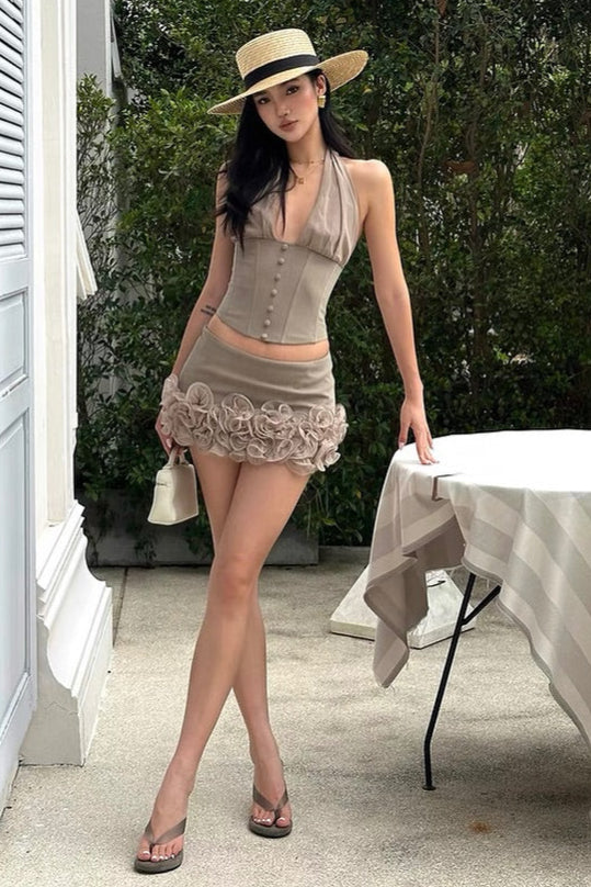 Halter Herringbone v-Neck Top In Khaki