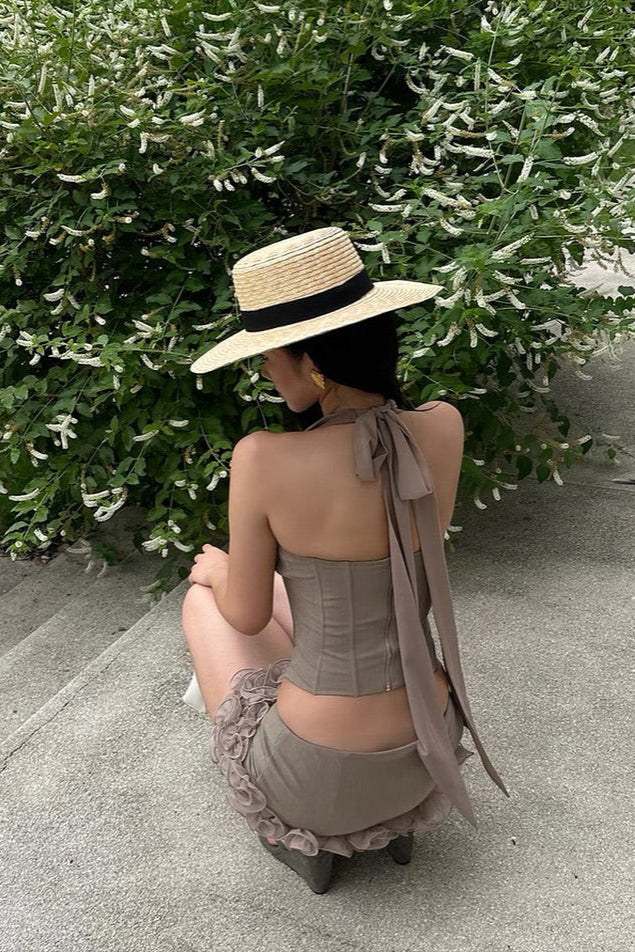 Halter Herringbone v-Neck Top In Khaki