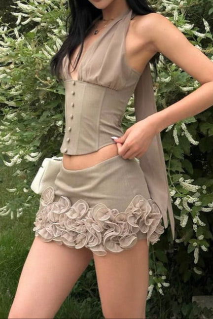 Flower Embellished Mini Skirt In Khaki