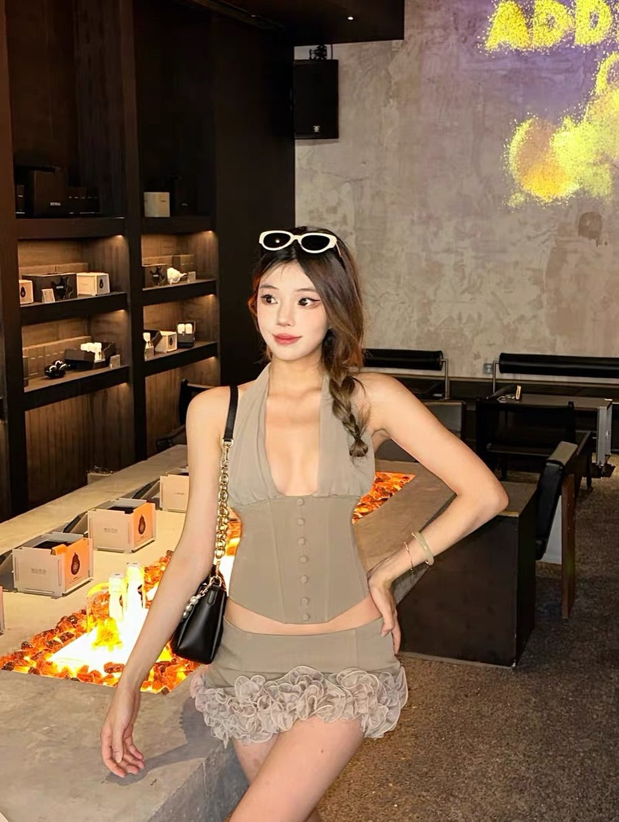Flower Embellished Mini Skirt In Khaki