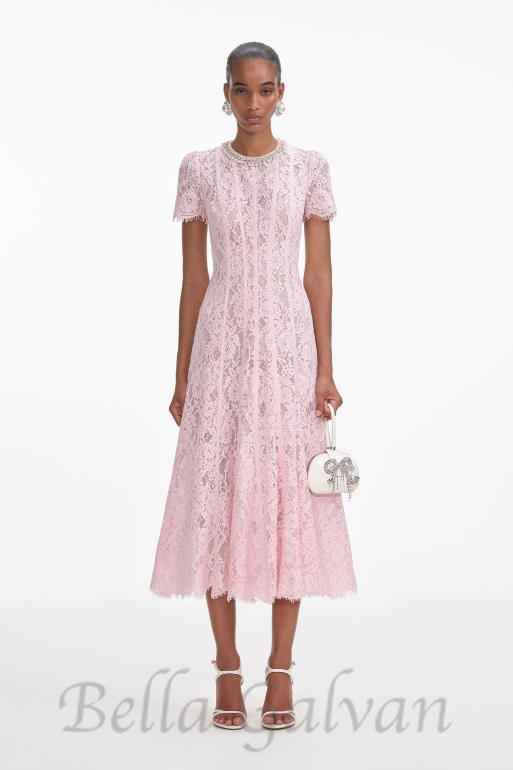 Flowering Girl Women Sequin Floral Lace Midi Dress in pink
