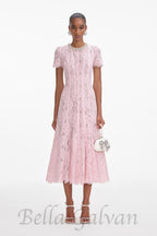 Flowering Girl Women Sequin Floral Lace Midi Dress in pink