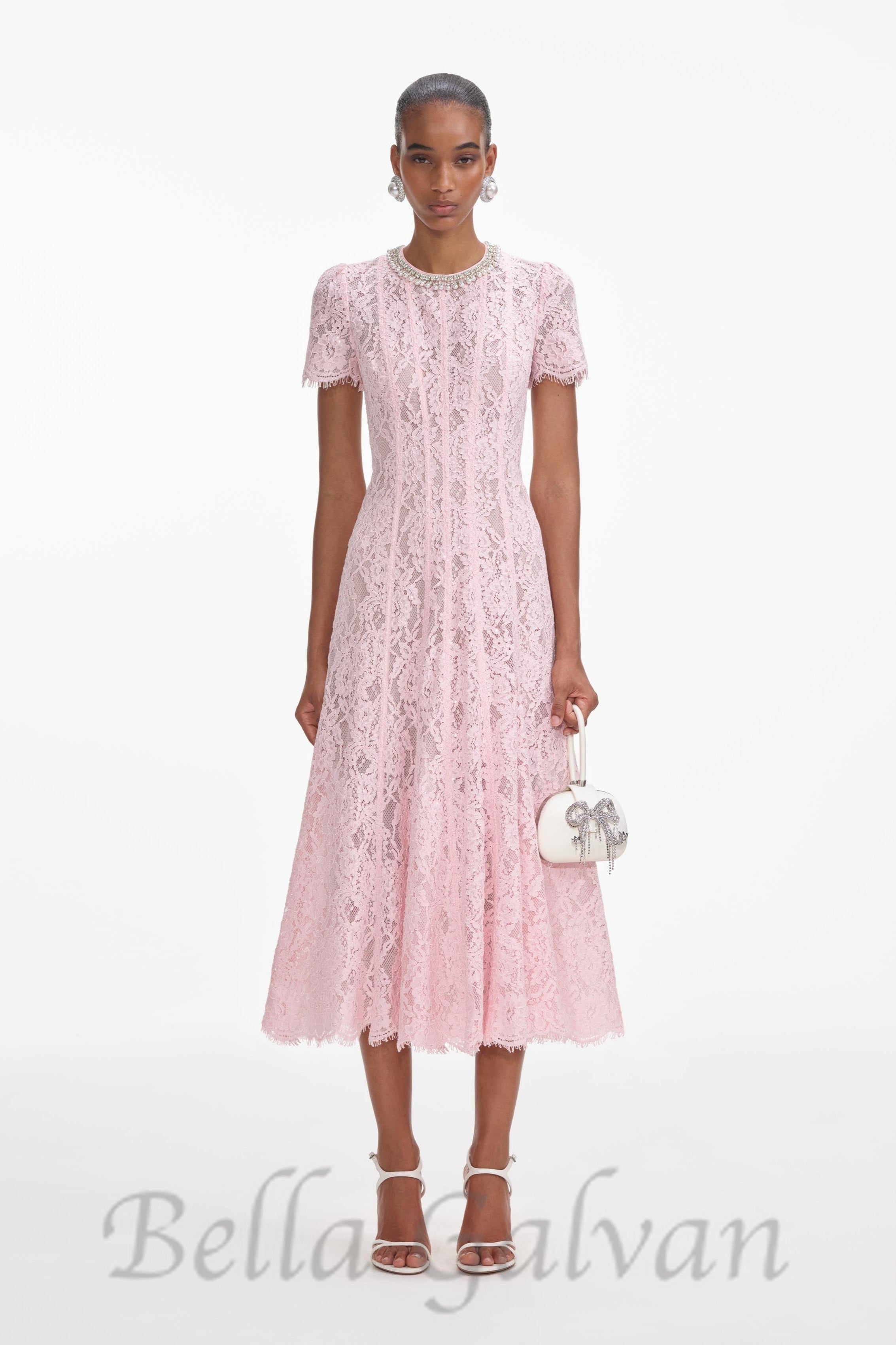 Flowering Girl Women Sequin Floral Lace Midi Dress in pink