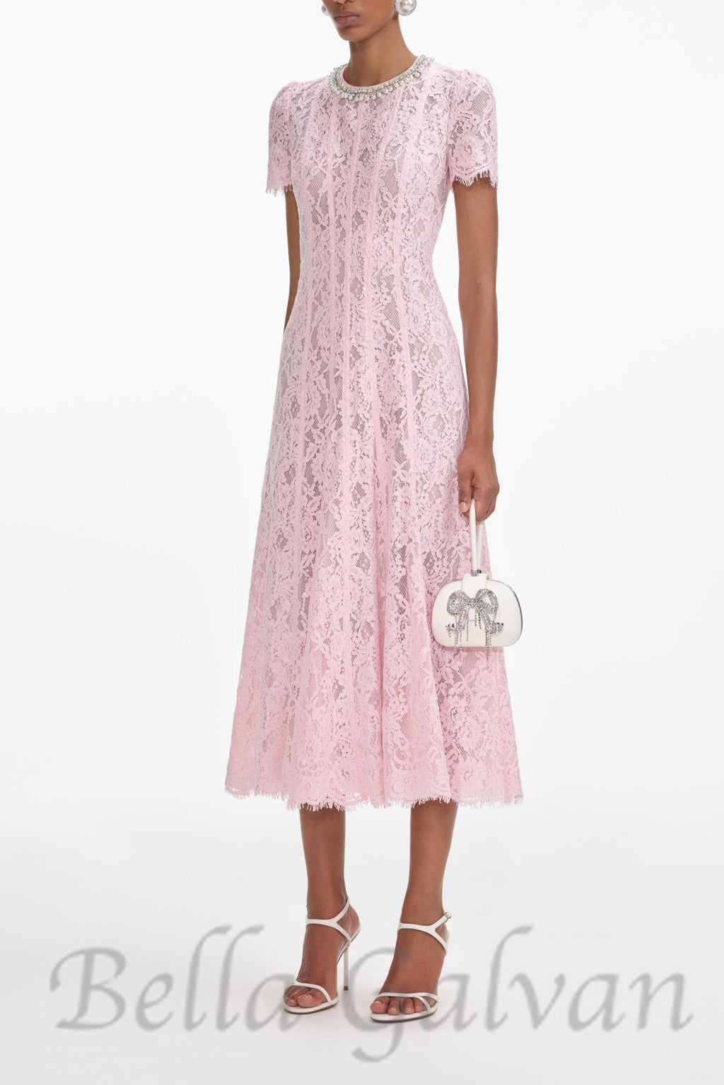 Flowering Girl Women Sequin Floral Lace Midi Dress in pink