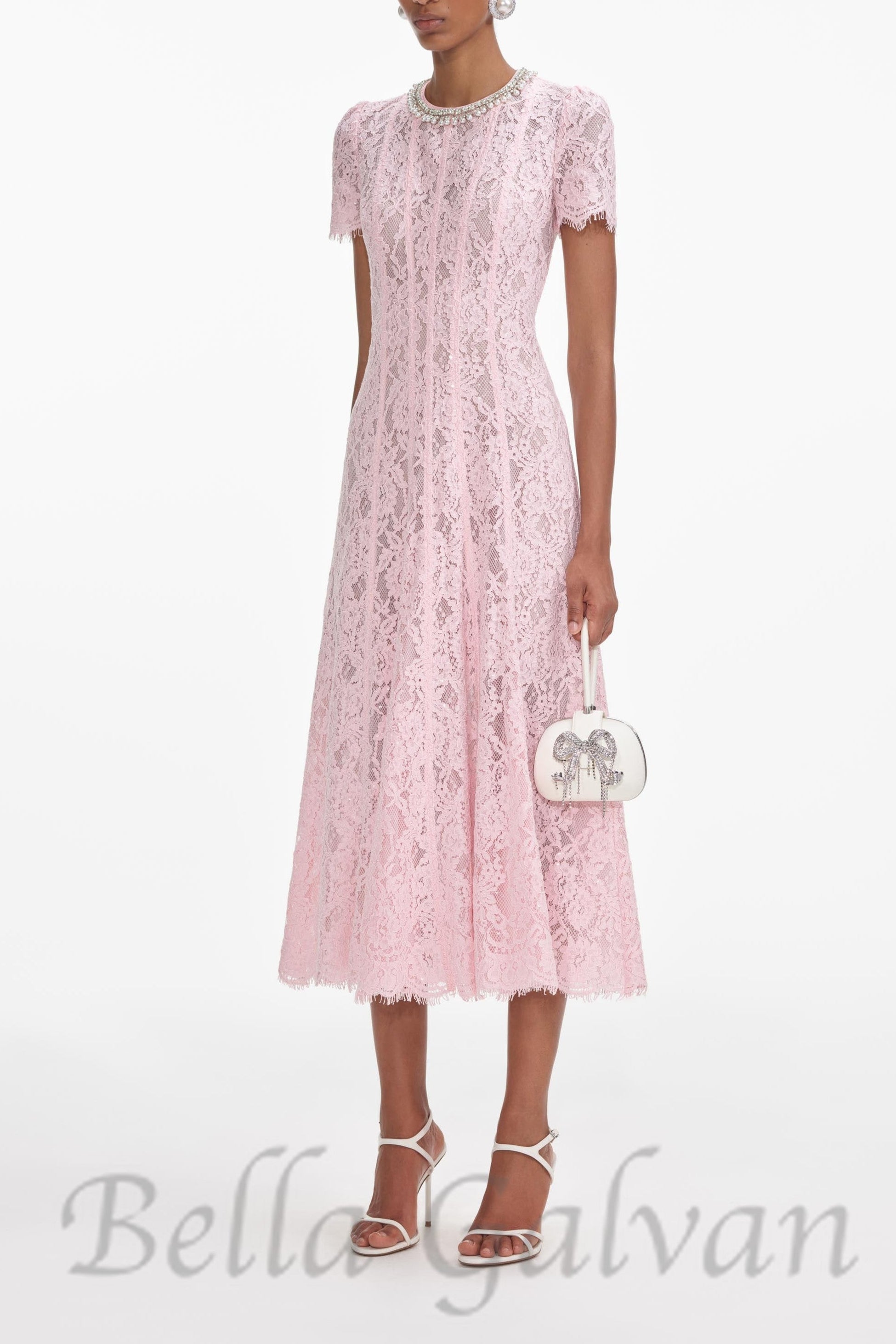Flowering Girl Women Sequin Floral Lace Midi Dress in pink
