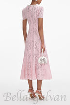 Flowering Girl Women Sequin Floral Lace Midi Dress in pink